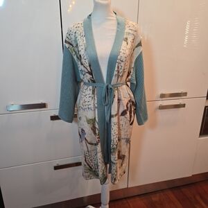 GOBI Mongolian Cashmere Luxury Belted Floral Abstract Mid Length Cardigan XL